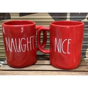 Rae Dunn Artisan Collection Red & White Naughty/ Nice 20oz Christmas Coffee Cups